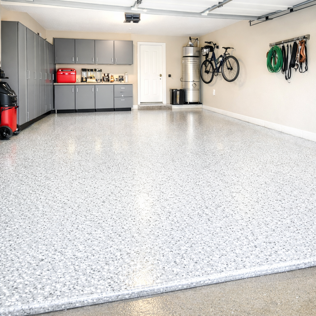 Clean garage with speckled epoxy floor, gray cabinets, wall-mounted bike and tools