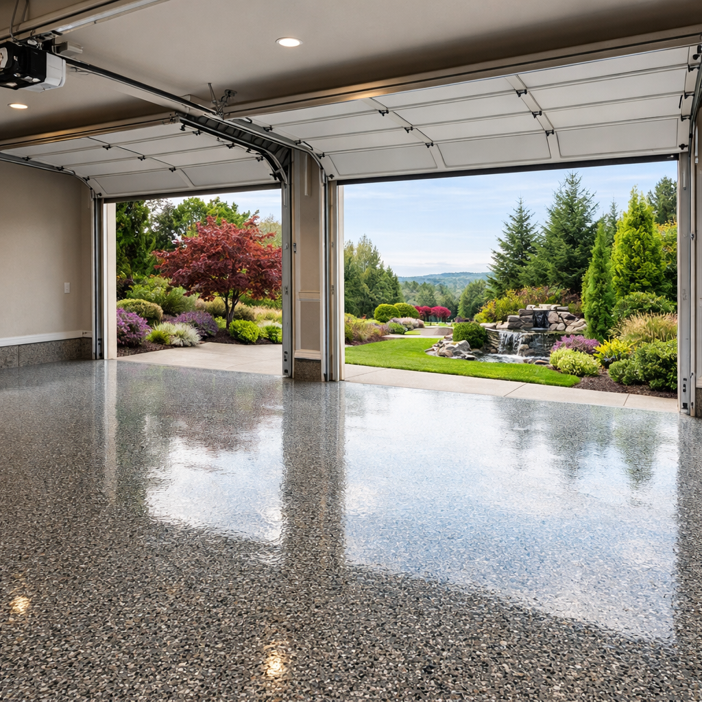 Empty polished garage floor with open doors showing landscaped garden with trees and waterfall