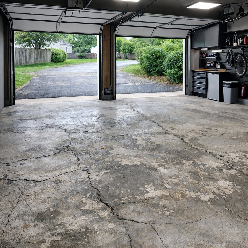 Empty garage interior with cracked concrete floor and open doors showing driveway and greenery outside