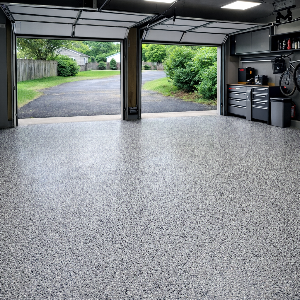 Empty garage interior with cracked concrete floor and open doors showing driveway and greenery outside