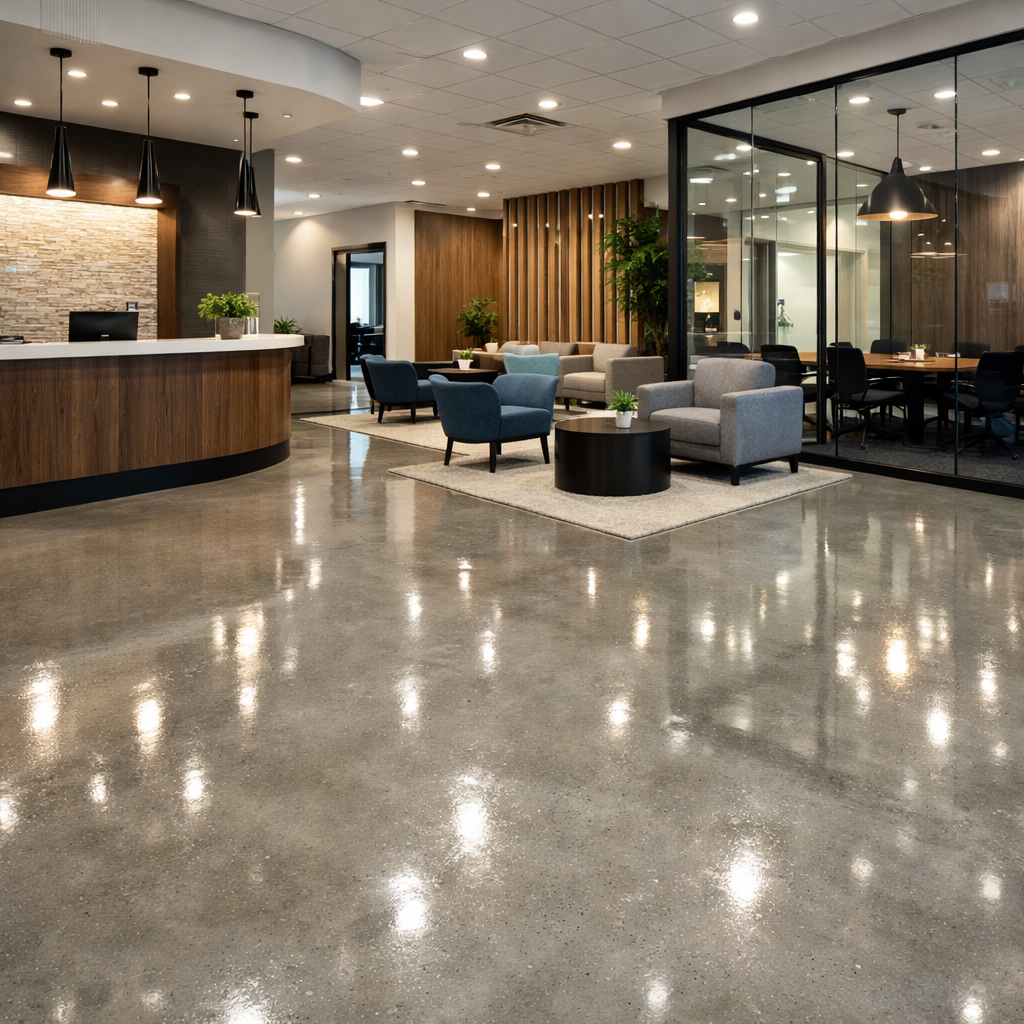 Office lobby with seating area, reception desk, and glass-walled conference room