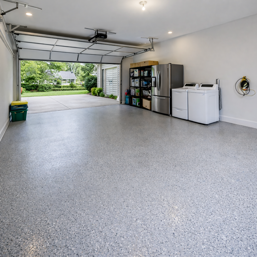 Spacious garage with refrigerator, washer and dryer, and black shelving unit