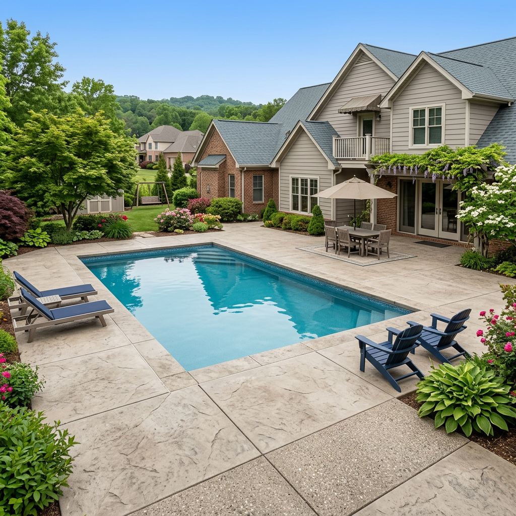Middle class East Tennessee home with concrete pool patio