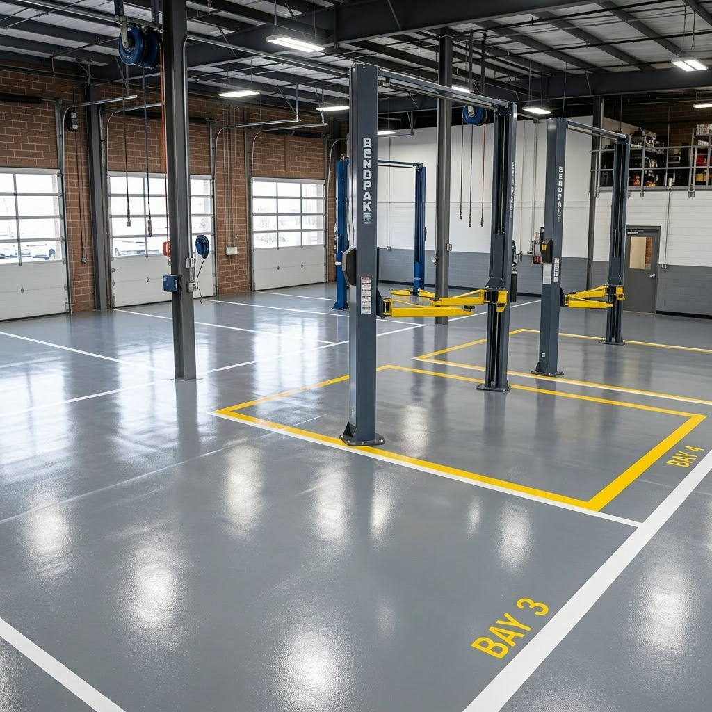 Empty auto service bay with coated floor